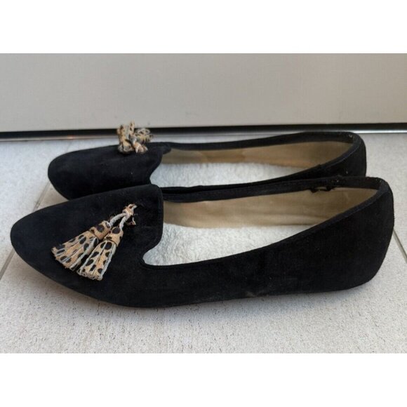 Birdies Black Leather Loafer Flats Leopard Animal Print Tassels Shearling Sz 7.5 - Picture 3 of 8